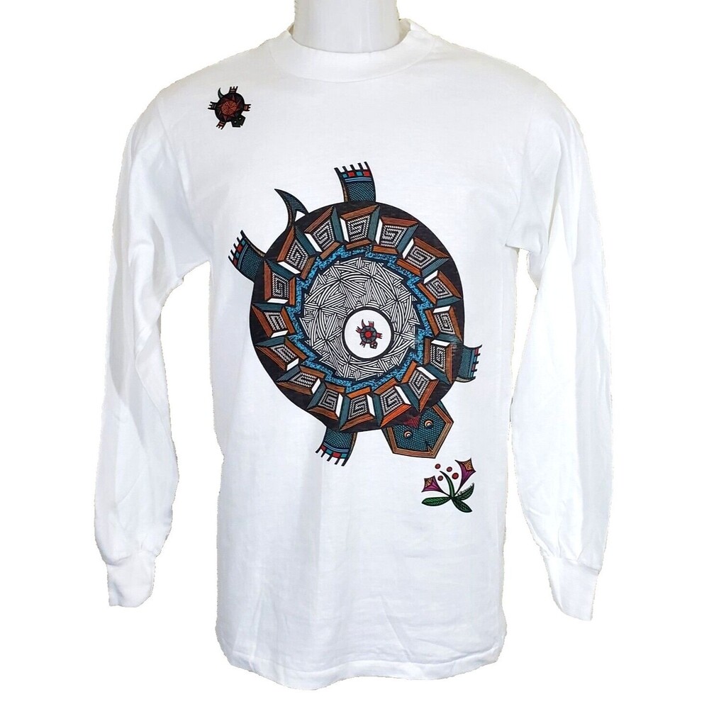 Turtle Shirt Small 34-36 Vtg White Tribal Graphic Winterland Single Stitch 1990